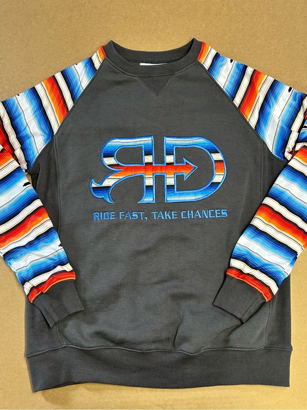 Men's Rocket Donkey Charcoal Crewneck Sweatshirt with Multicolor Striped Sleeves